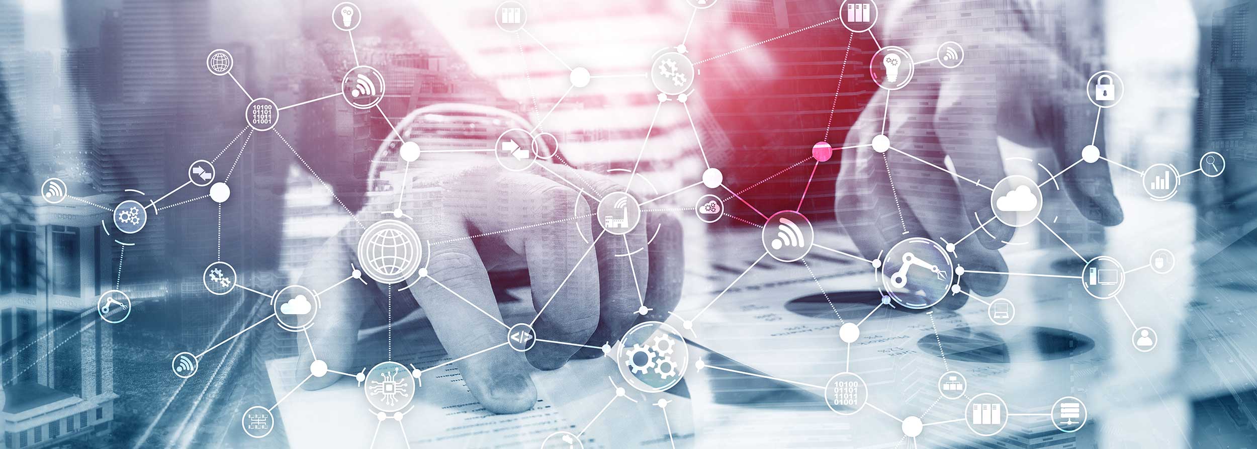 A businessman interacts with complex network diagrams on a transparent screen. The overlay includes various icons representing business, technology, and global connectivity, illustrating the integration of Supply Chain Management into modern business processes.