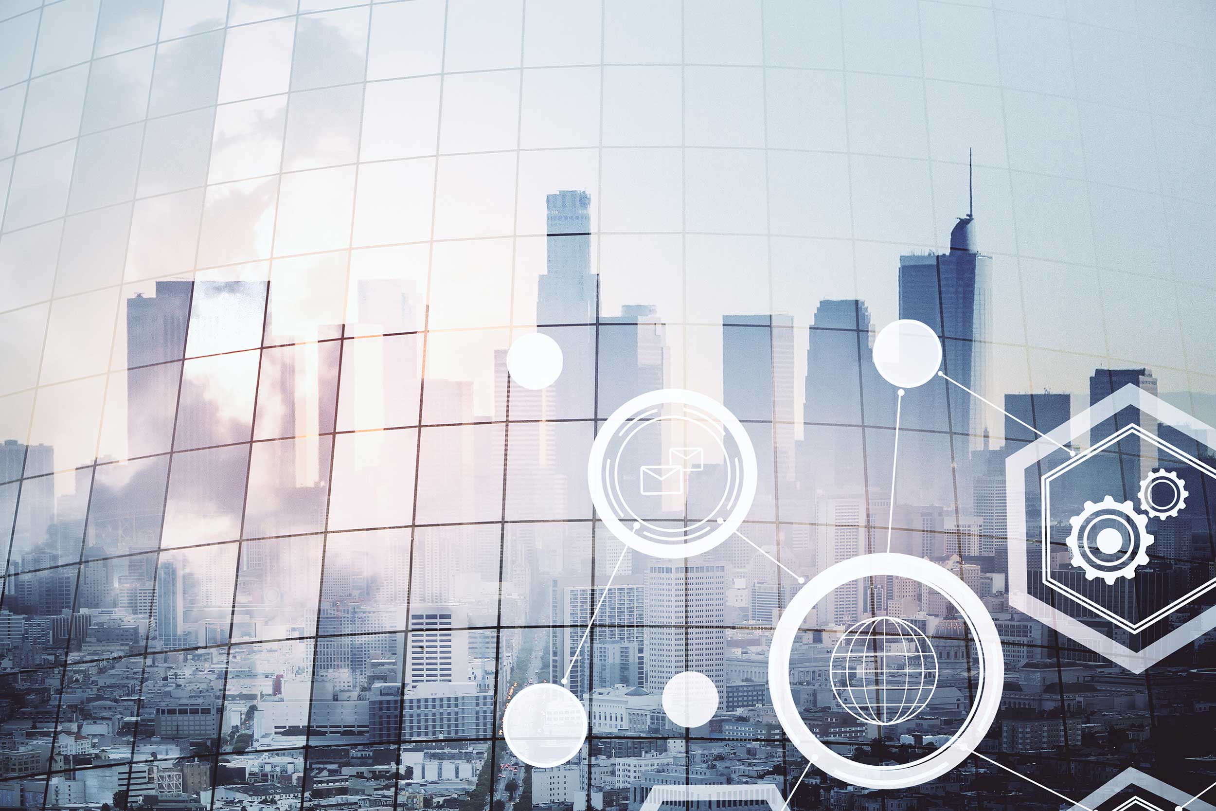 A city skyline with tall buildings is overlaid with digital graphics, including icons of a globe, gear, and envelope connected by lines, symbolizing technology and supplier information management. The scene is reflected in a grid-like glass surface.
