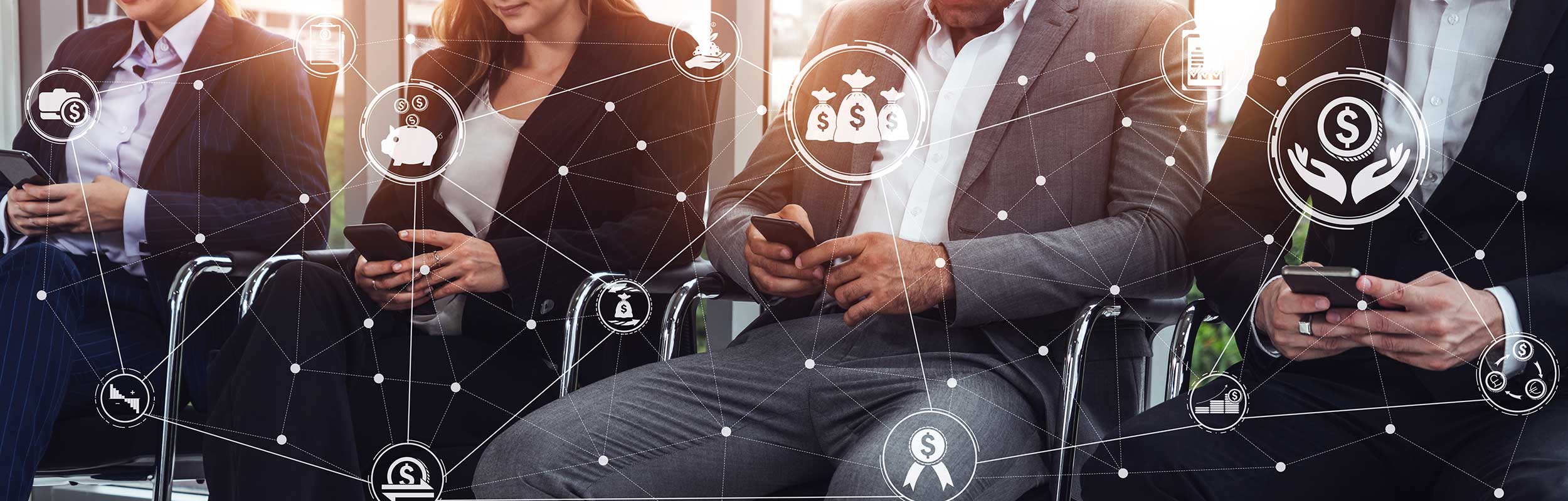 Four people in business attire are seated in a row, each using a smartphone. Overlayed on the image are various financial and technological icons connected by lines, providing an overview of concepts such as FinTech, money, transactions, and networking.