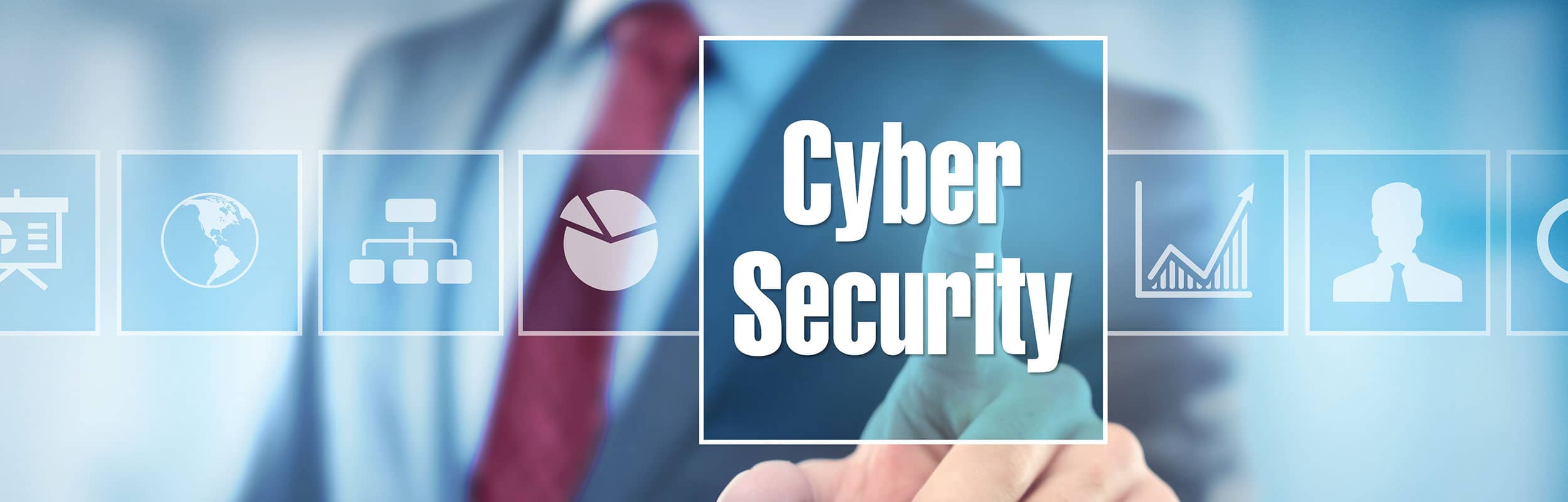 A person in a suit points to a virtual interface with the text "Cybersecurity" displayed prominently. Background icons represent various technology and security themes, including a globe, a chart, and a network diagram. Everything is in a blue-toned theme, highlighting the importance of certification in this field.