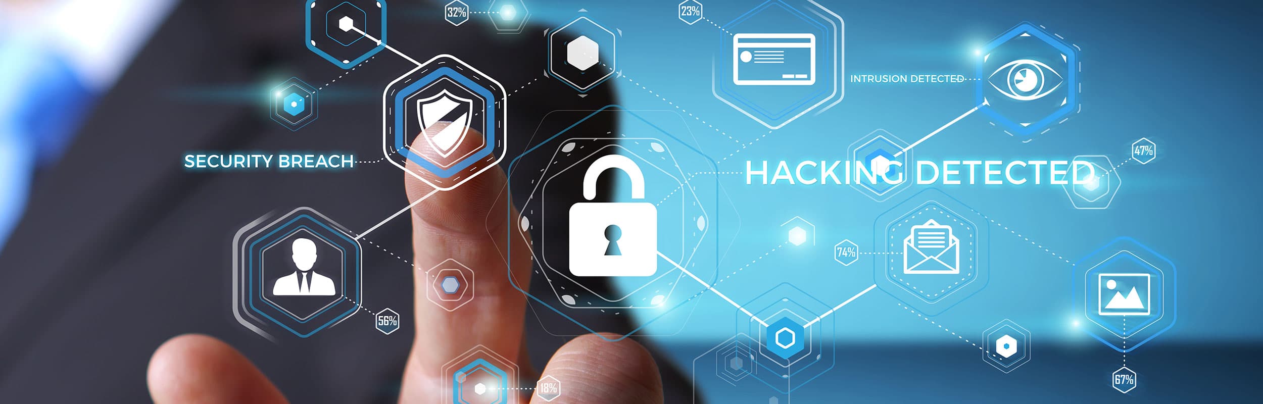 A person points at a virtual interface with icons representing security breaches, hacking detection, and various cybersecurity elements. The interface features padlocks, warning symbols, and other security graphics, with text labels indicating "SECURITY BREACH" and "HACKING DETECTED." Perfect for those learning cybersecurity for beginners.