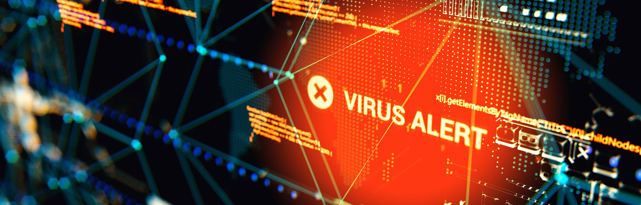 A digital representation of a virus alert on a computer screen. The background features interconnected lines and nodes, creating a network-like appearance, with a red glowing area highlighting the text "Virus Alert" accompanied by a warning symbol—a stark reminder of the importance of cyber security.
