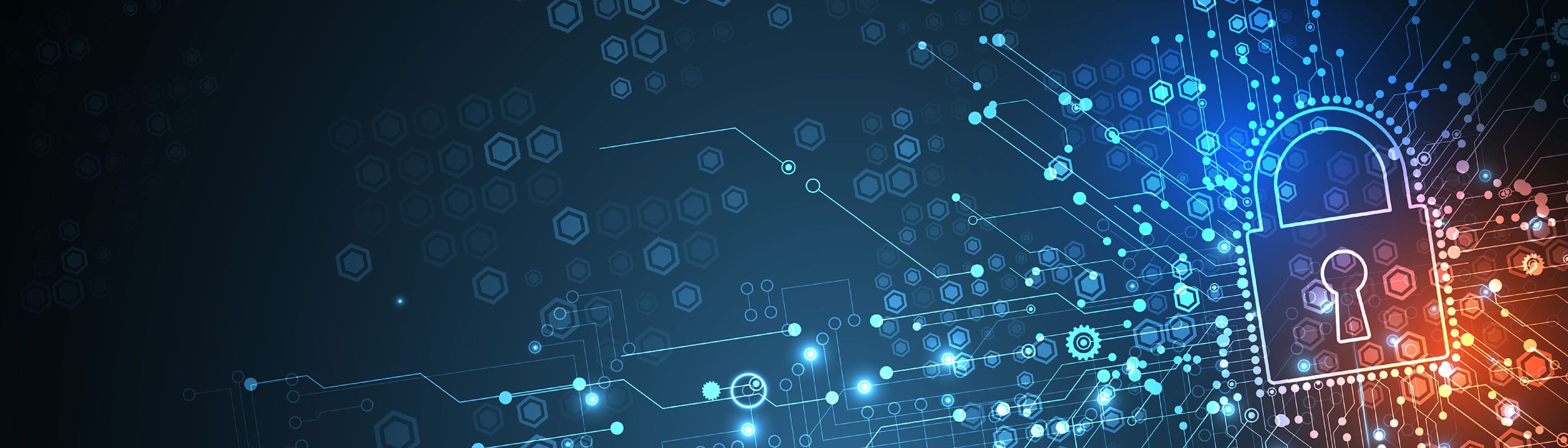 A digital illustration featuring a padlock symbol on the right side, surrounded by a complex pattern of glowing hexagons and lines, representing cybersecurity in technology. The background transitions from dark to light blue, evoking a futuristic feel.